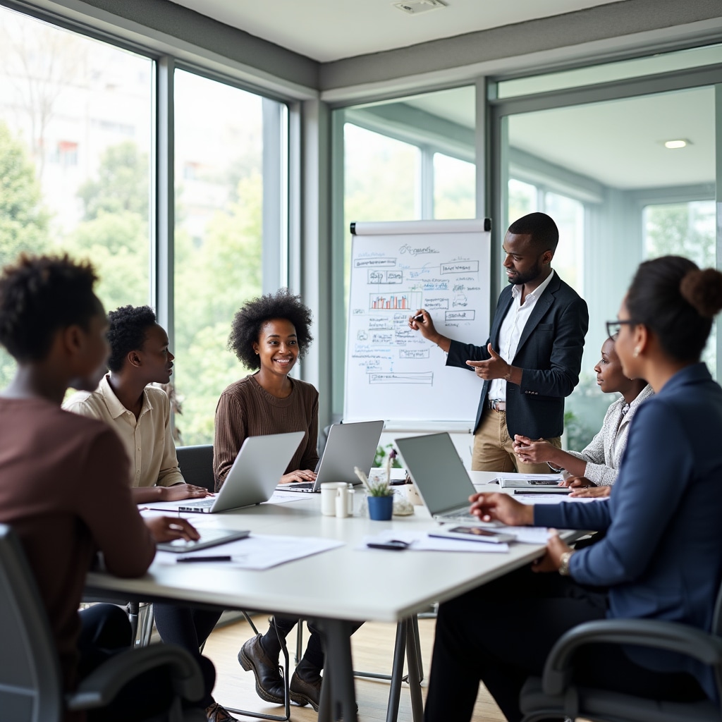 Small group of young professionals in collaborative financial literacy workshop